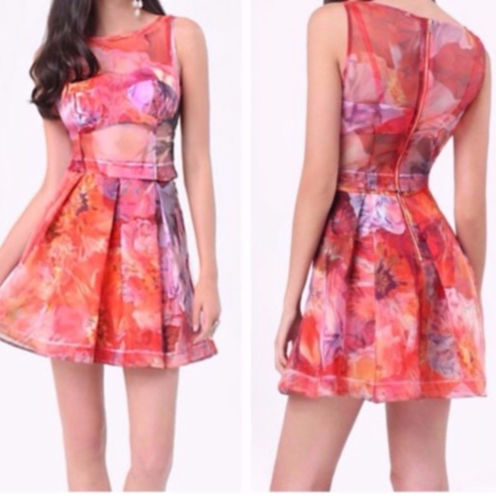 Like new Bebe dress- three piece bustier with skirt in coral floral print